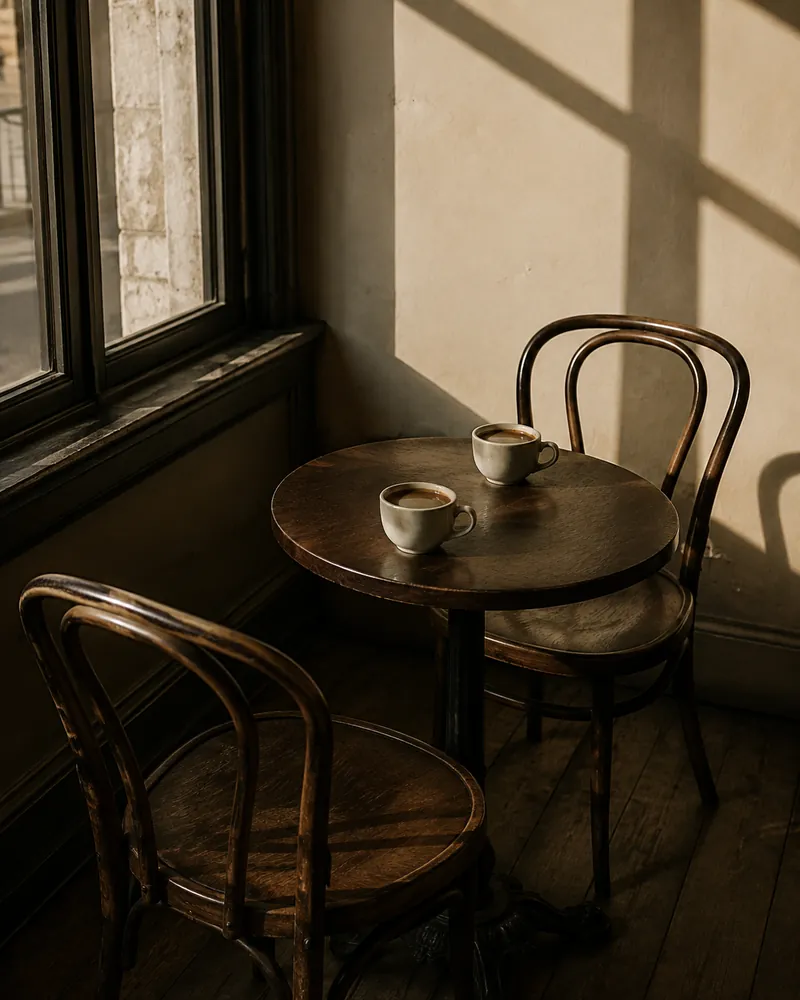 Two coffees at a sunlit café table, with an empty chair.